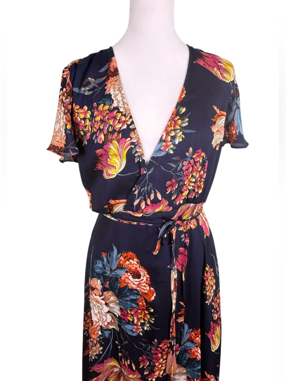 Aakaa Navy Floral High-Low Wrap Dress | Boho Fall Wedding Guest Maxi S - Picture 3 of 11